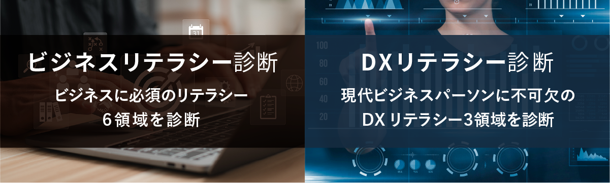 ビジネスリテラシー診断　ビジネスに必須のリテラシー6領域を診断　DXリテラシー診断　現代ビジネスに不可欠のDXリテラシー3領域を診断