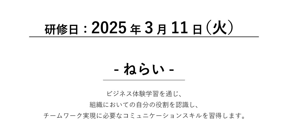 ビジネス体験学習を通じ、組織においての自分の役割を認識し、チームワーク実現に必要なコミュニケーションスキルを習得します